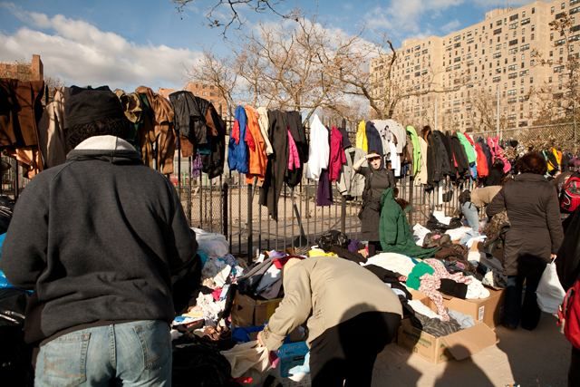 A clothing distribution station outside Carey Gardens in Coney Island
